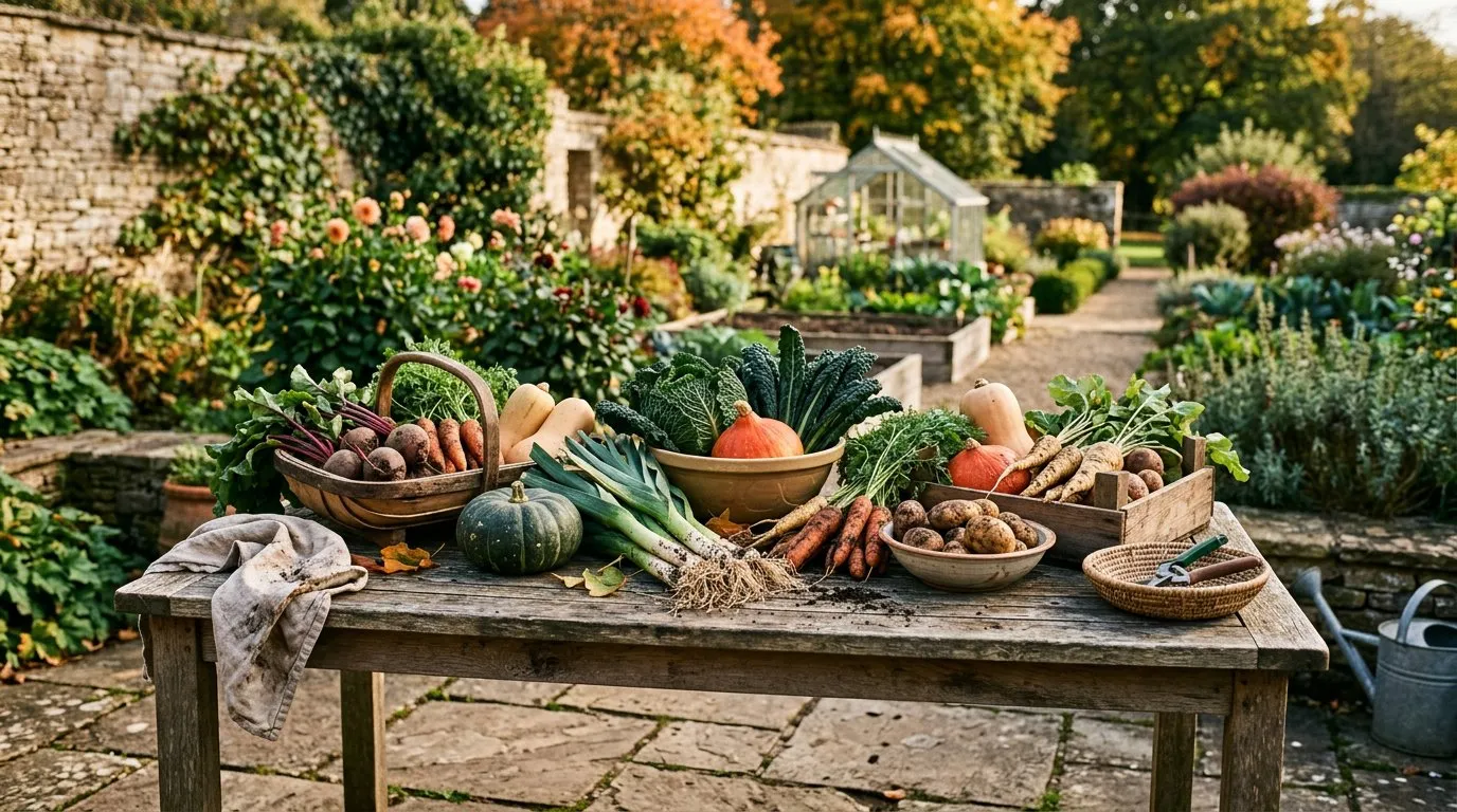 Freshly harvested autumn vegetables on a wooden table in a UK garden