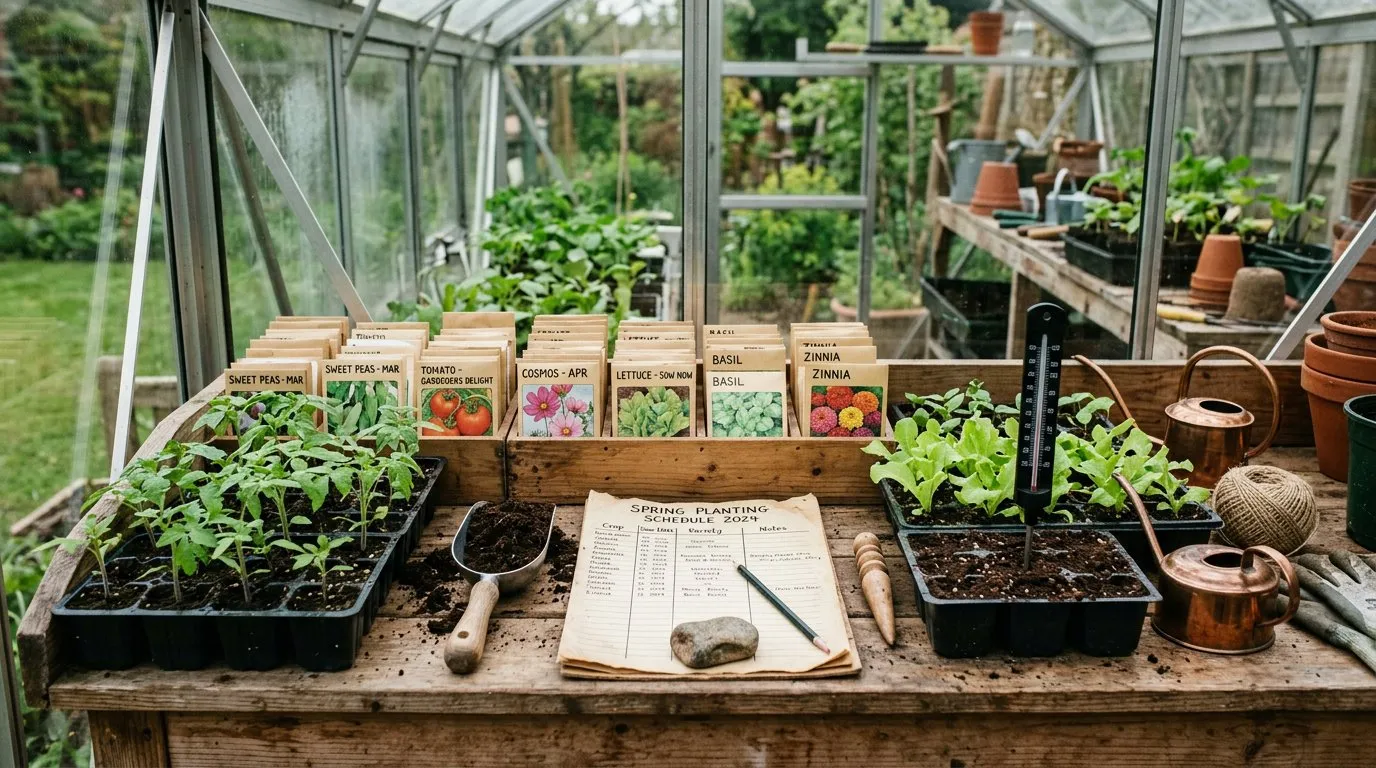 Organised vegetable potting bench with seed packets and module trays in a UK greenhouse