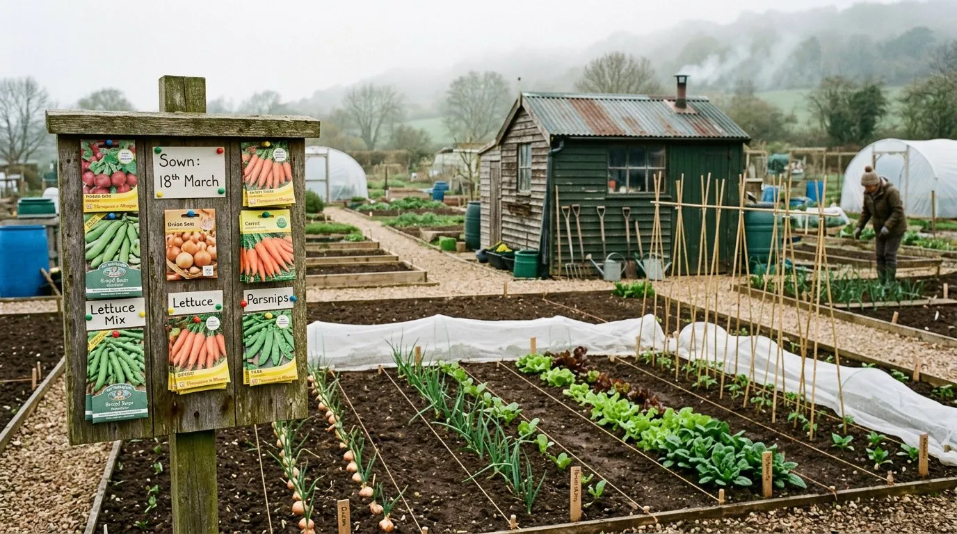 A well-organised UK allotment in early spring with rows of freshly sown vegetables and seed packets
