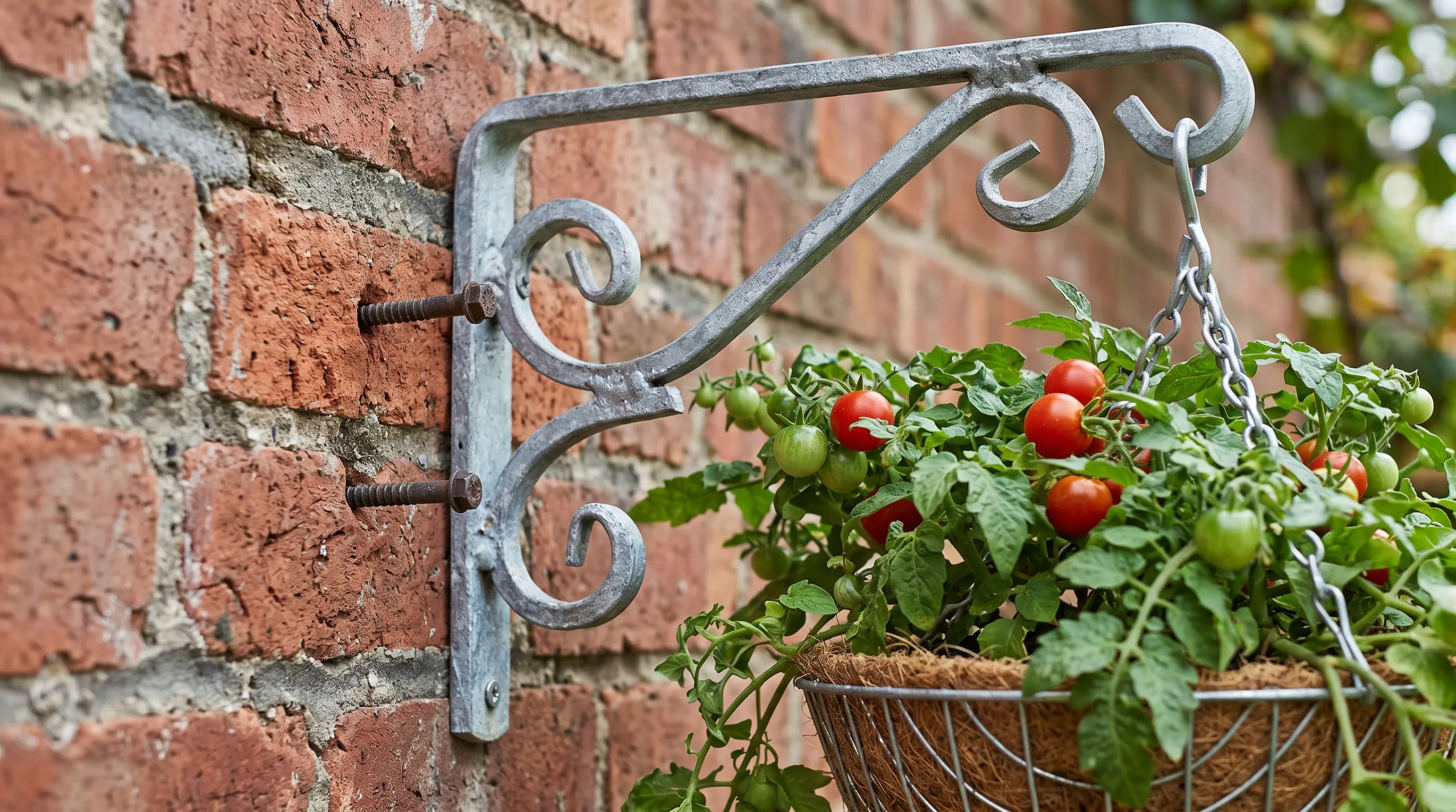 A galvanised heavy-duty bracket fixed into brick masonry holding a full vegetable hanging basket on a UK house wall
