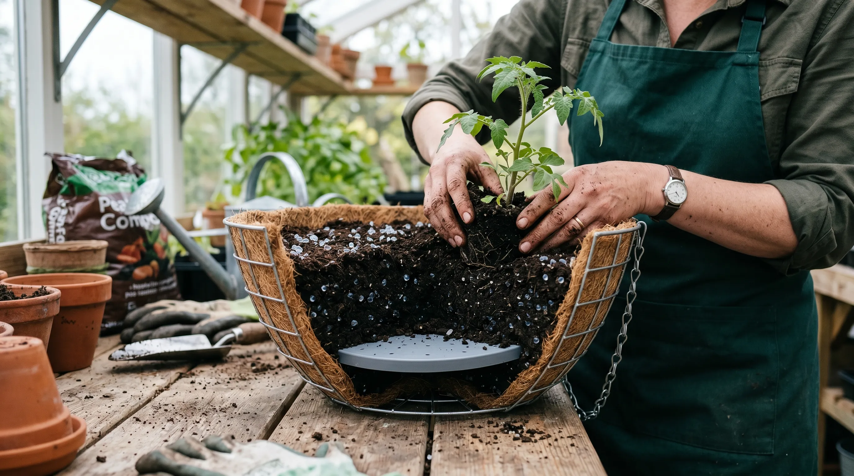 Cross-section view of a hanging basket being planted up, showing the liner, water-retaining reservoir disc, compost layer and a young tumbling tomato plant