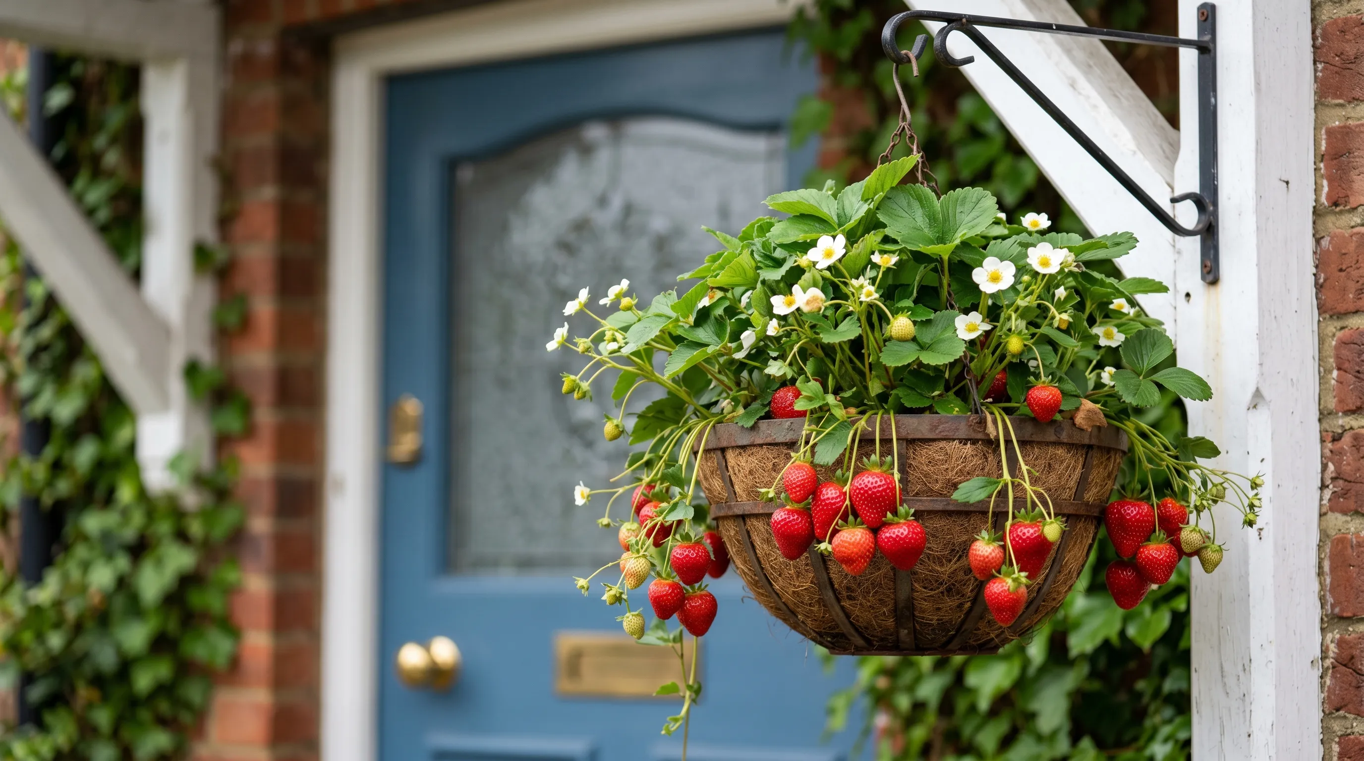 Close-up of a hanging basket of ever-bearing strawberries with ripe red fruit trailing over the rim on a suburban UK porch