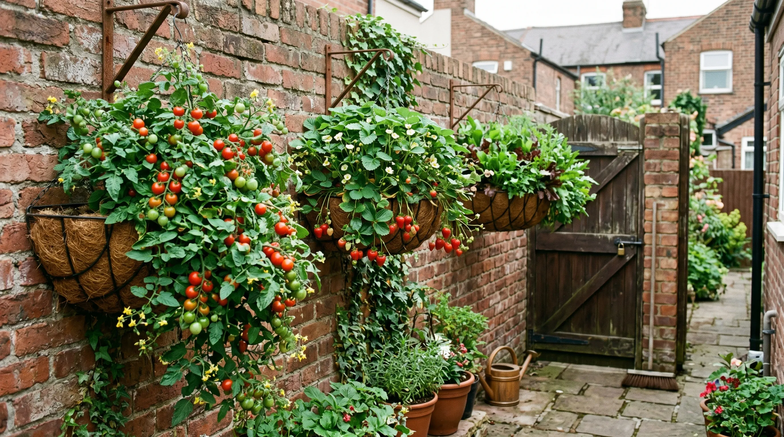 Three planted vegetable hanging baskets on a UK terraced yard wall, one with tumbling tomatoes, one with strawberries and one with mixed salad leaves