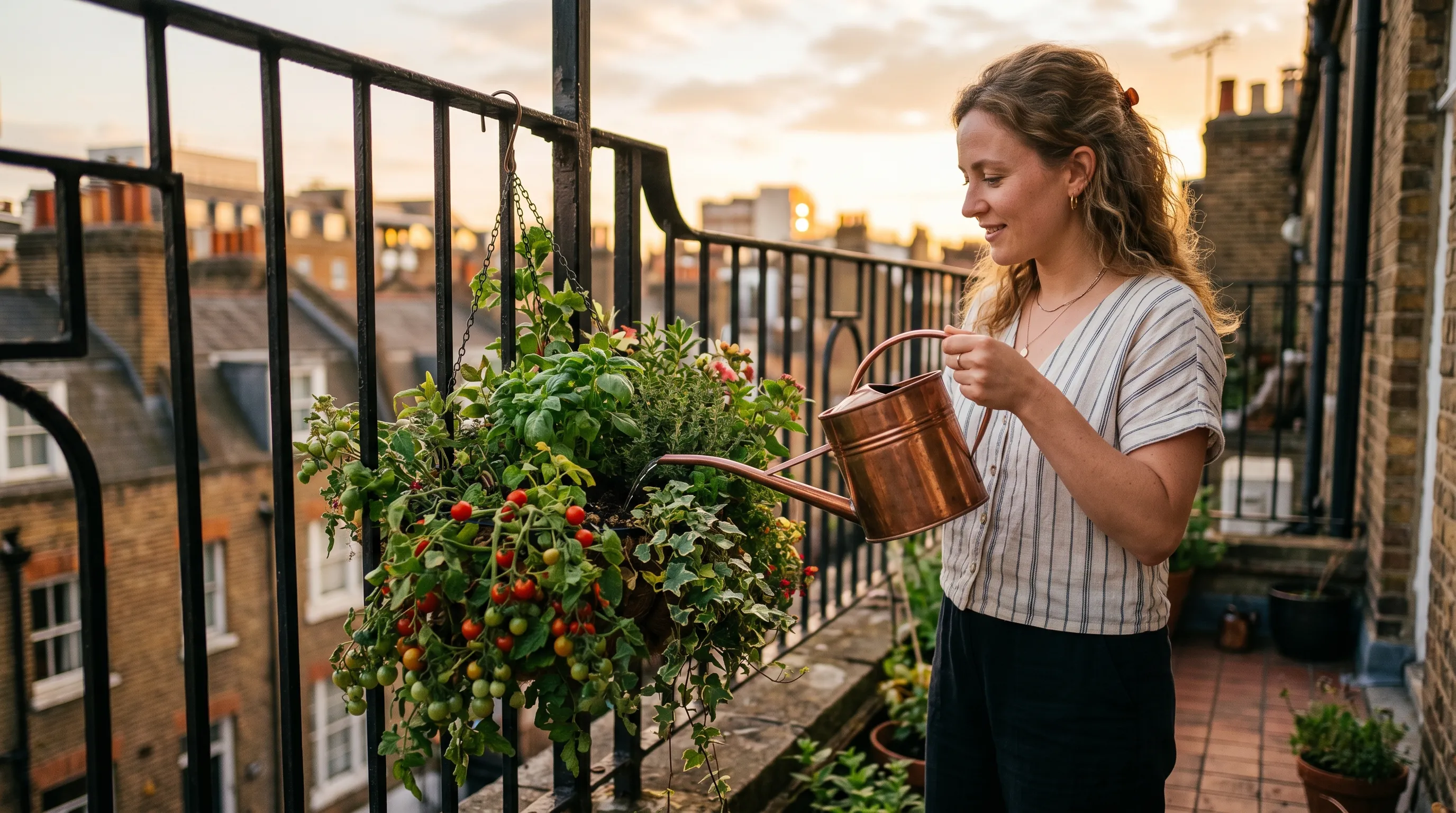 A watering can with a long spout topping up a hanging basket of tomatoes and herbs on a city balcony at golden hour