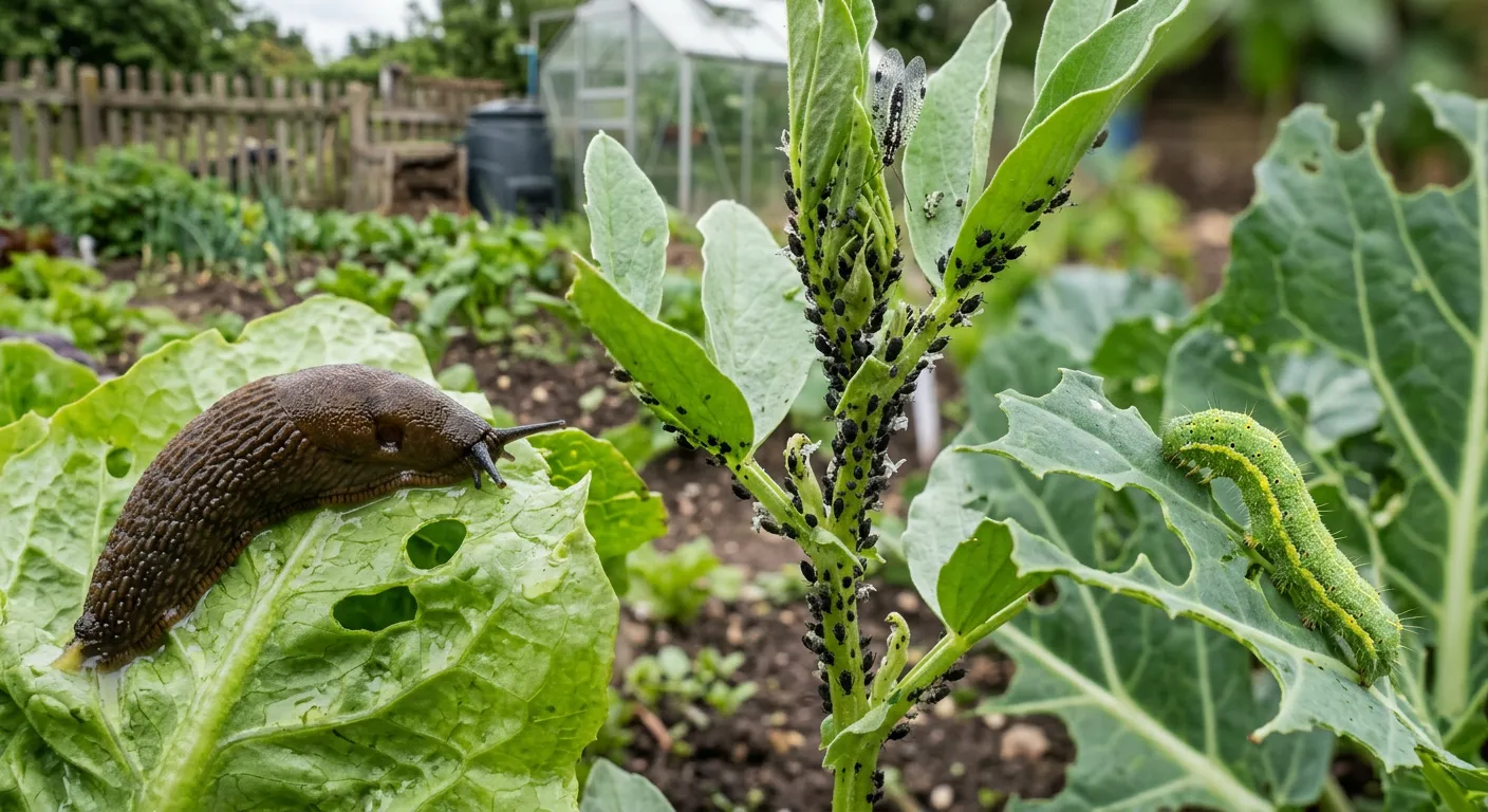 Vegetable pests and diseases UK identification chart showing slug damage, aphid colony, and cabbage white caterpillars on allotment crops
