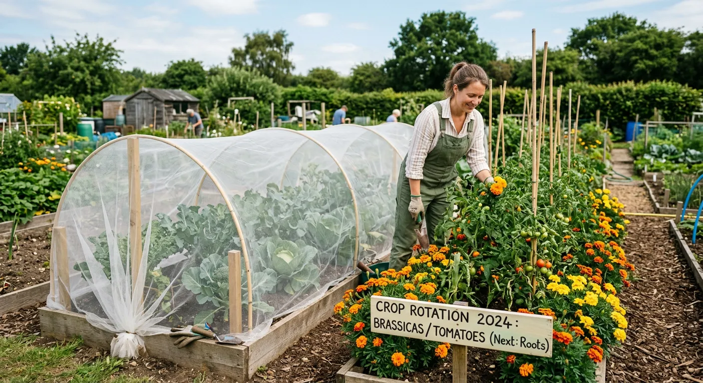 Vegetable pests and diseases UK prevention methods showing crop rotation, mesh netting, and companion planting on an allotment