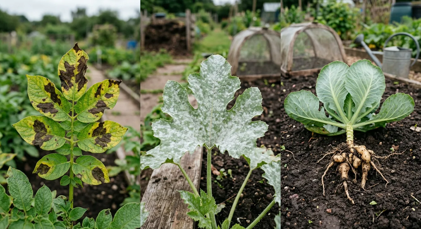 Vegetable pests and diseases UK comparison showing potato blight, clubroot, and powdery mildew symptoms on crops