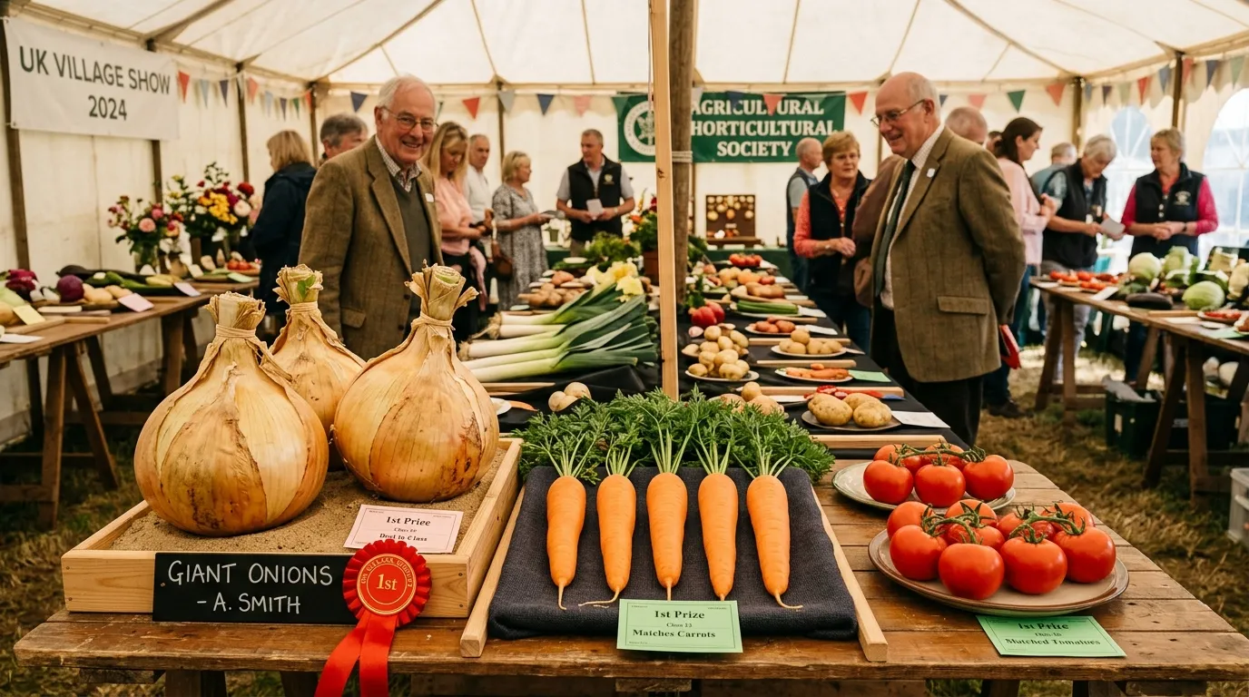 Prize-winning vegetables at a UK village show with giant onions and perfect carrots