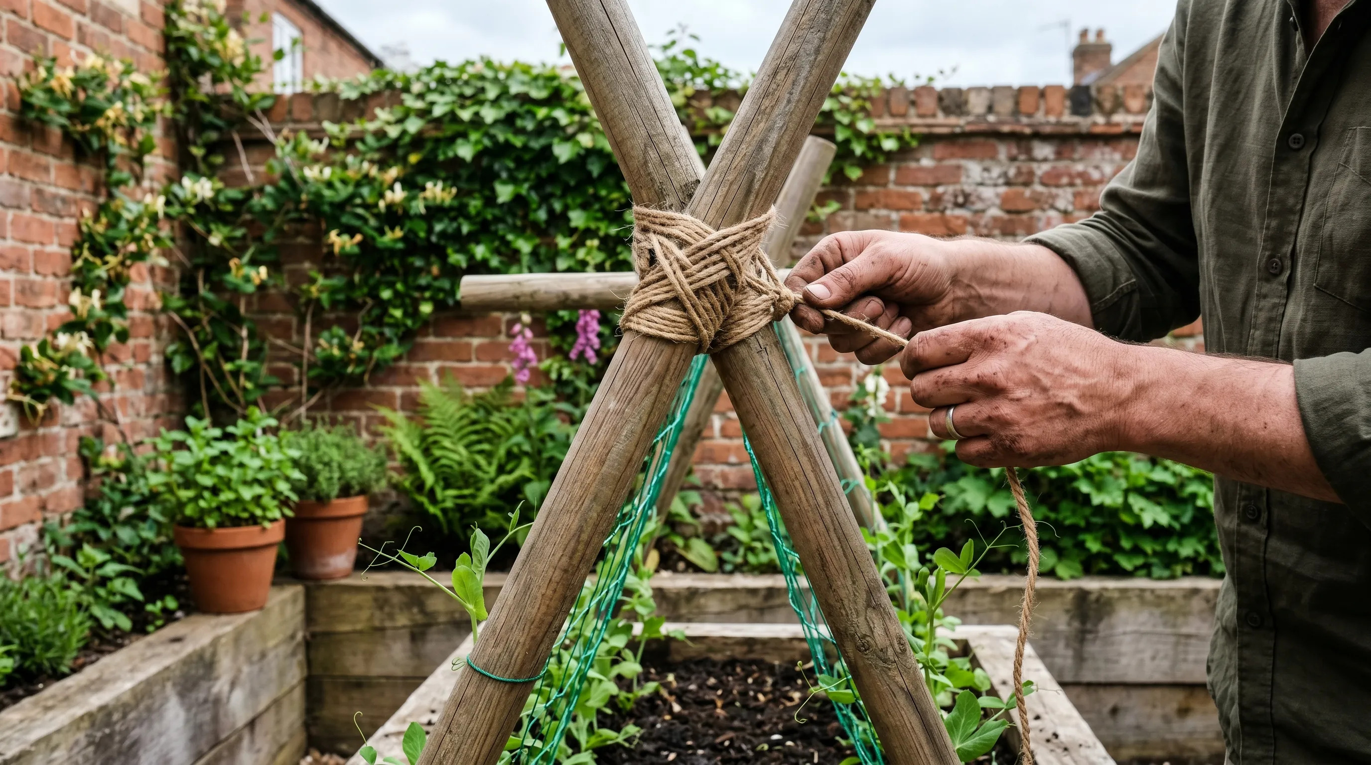 A wooden A-frame support with green pea netting stretched between angled timber frames over a raised bed, young peas starting to climb