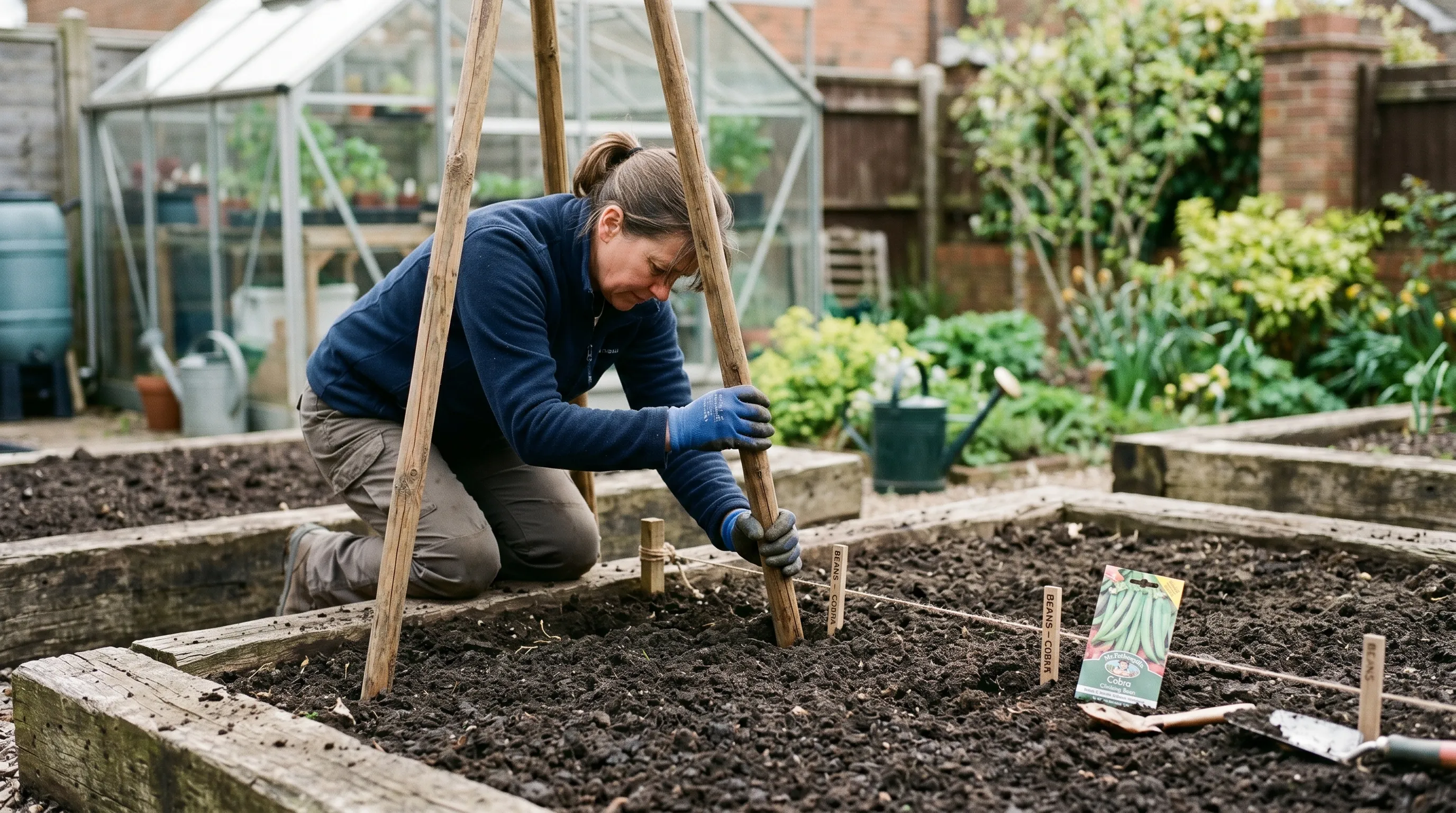 A gardener pushing a wooden A-frame trellis into a freshly sown raised bed in spring before the seedlings emerge