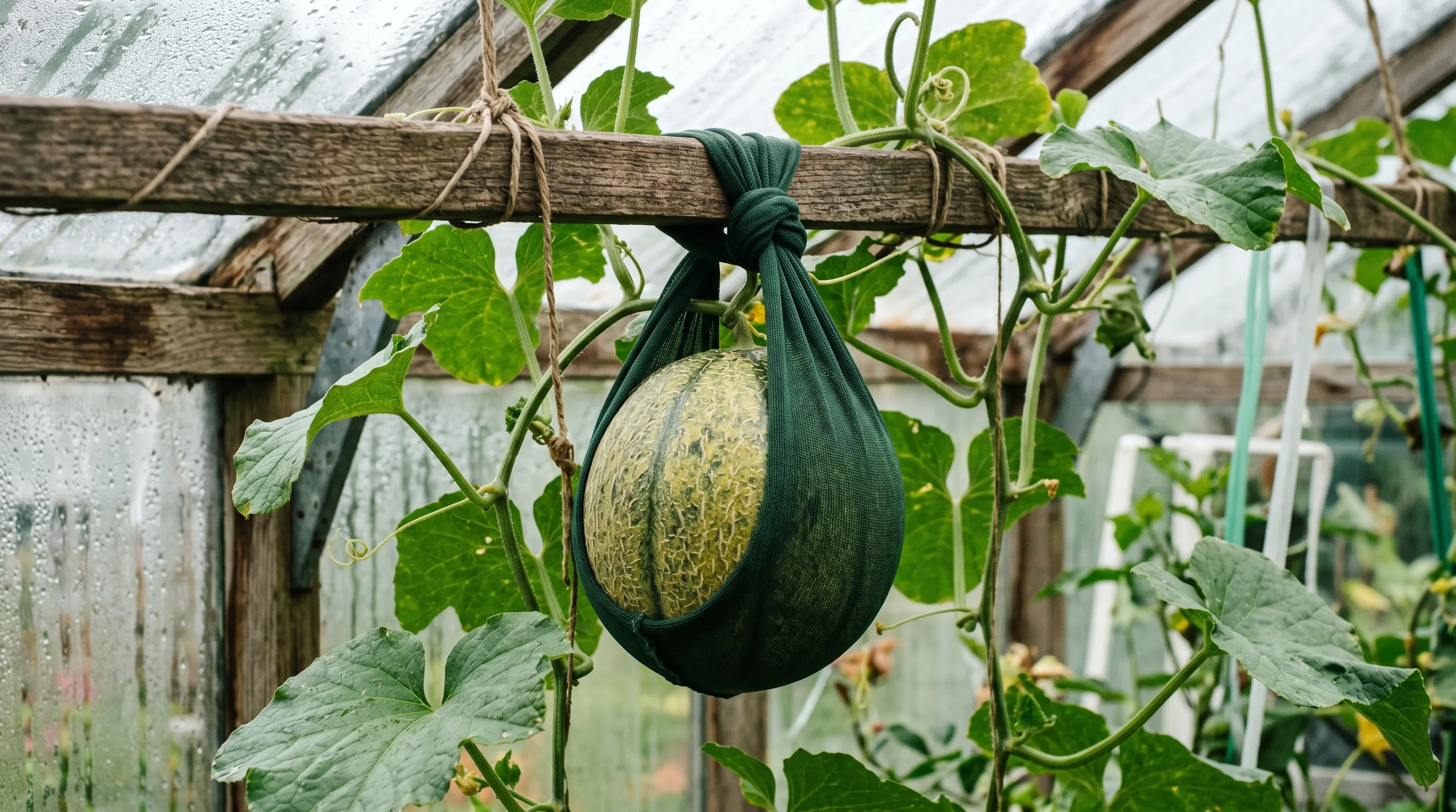 A swelling melon cradled in a fabric sling made from old tights tied to a horizontal trellis bar in a UK greenhouse