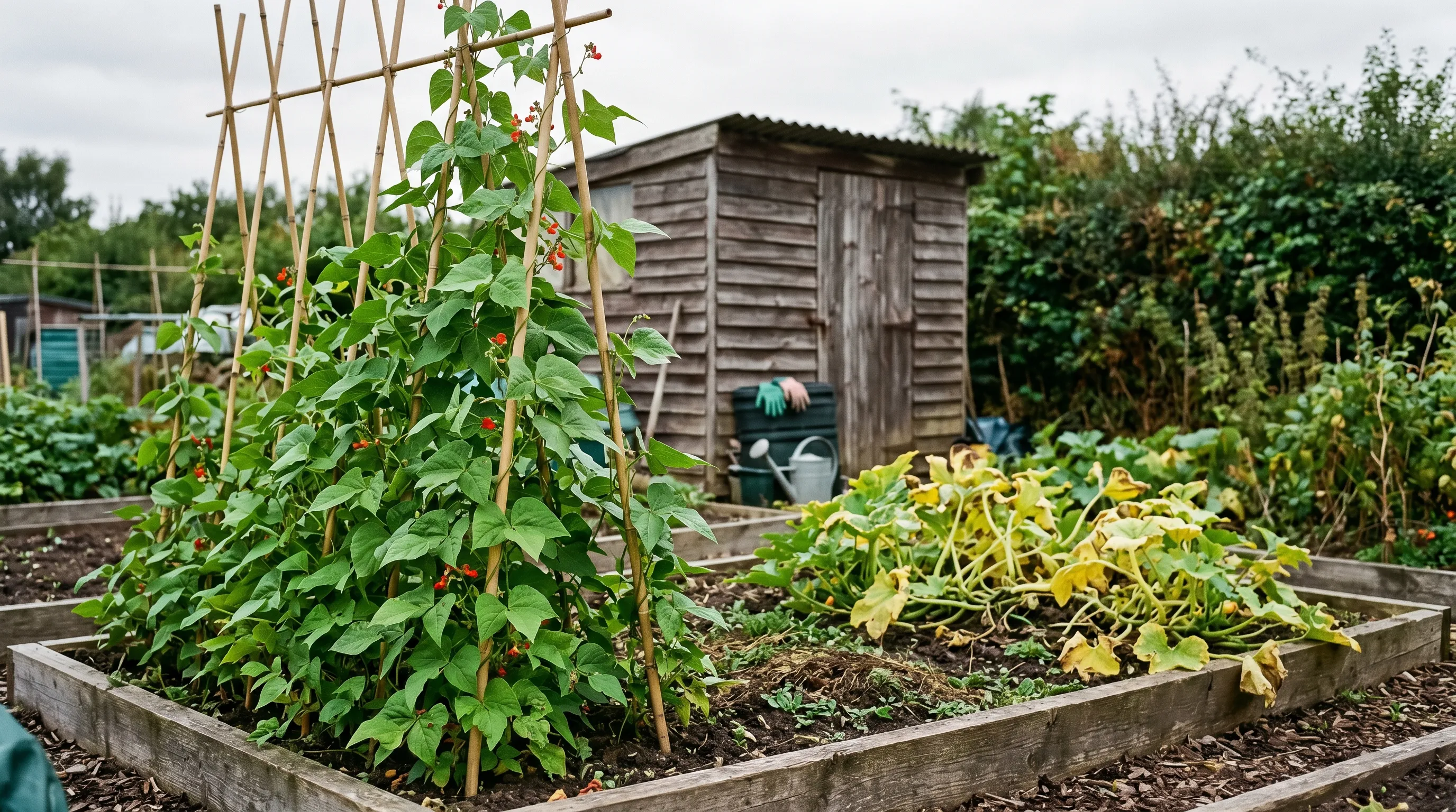 Runner beans climbing a bamboo wigwam beside an unsupported squash flopping across an allotment bed