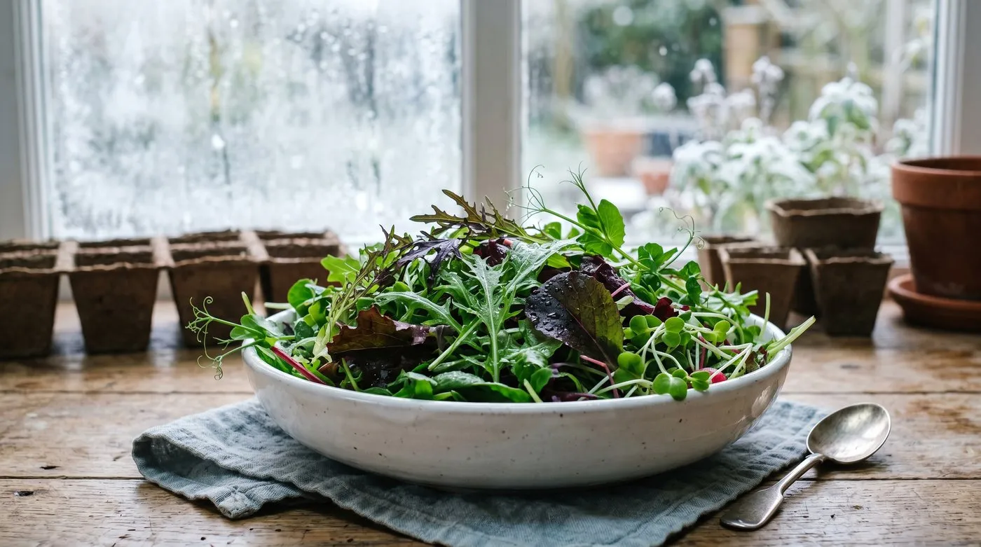 A bowl of freshly cut mixed winter salad leaves and microgreens harvested indoors