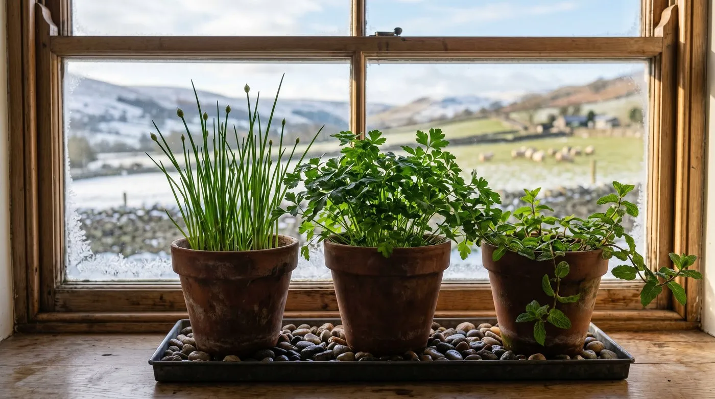 Kitchen herb pots of chives, parsley and mint on a bright winter windowsill