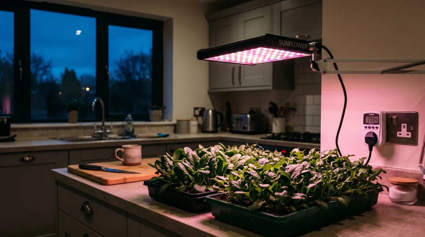 A small LED grow light over trays of winter salad on a kitchen worktop