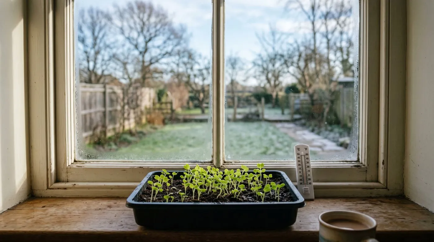 Frosted UK kitchen window with winter vegetable seedlings in trays on the sill