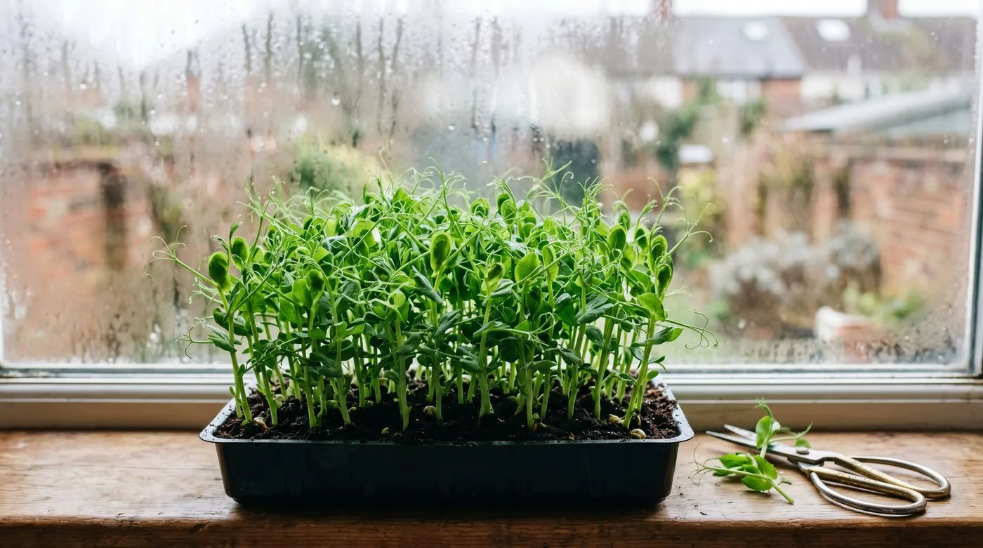 Pea shoots growing thickly in a tray on a bright winter windowsill