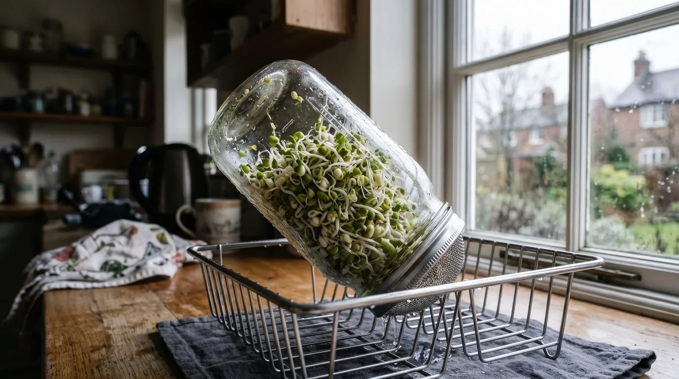 A glass sprouting jar of fresh mung bean and alfalfa sprouts on a kitchen worktop