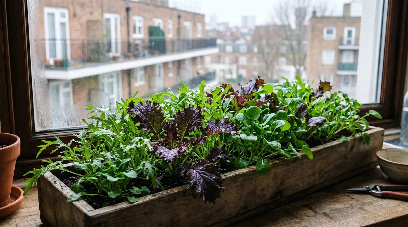 A trough of mixed winter salad leaves on a windowsill, ready for a first cut