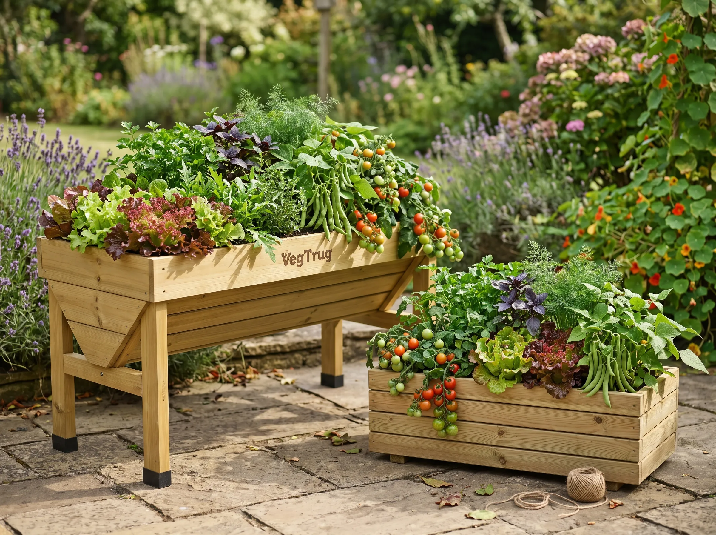 Detailed comparison shot of a VegTrug Classic 1.8m and a Greena 1m side by side on a UK patio, both planted with the same mix of salads, herbs, dwarf beans and bush tomatoes, showing relative scale