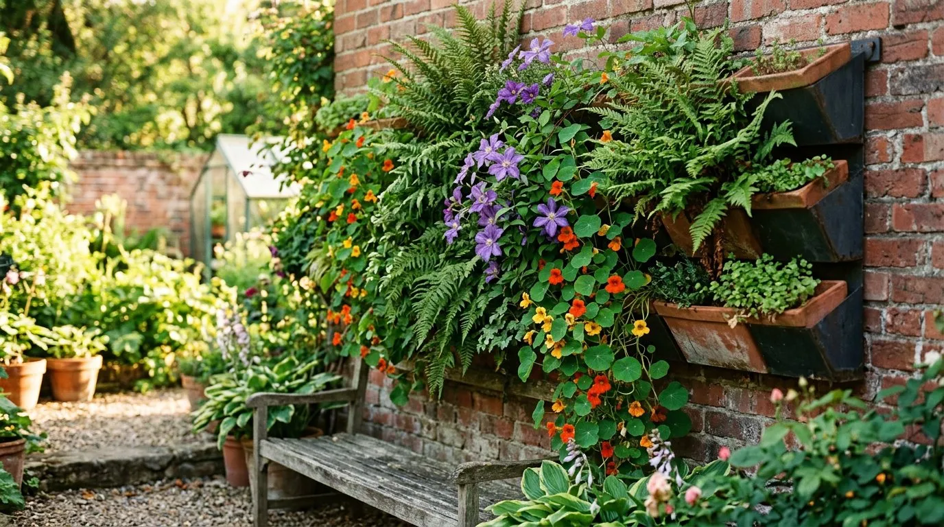 Vertical garden wall with trailing plants and herbs in wall-mounted planters on a small UK patio