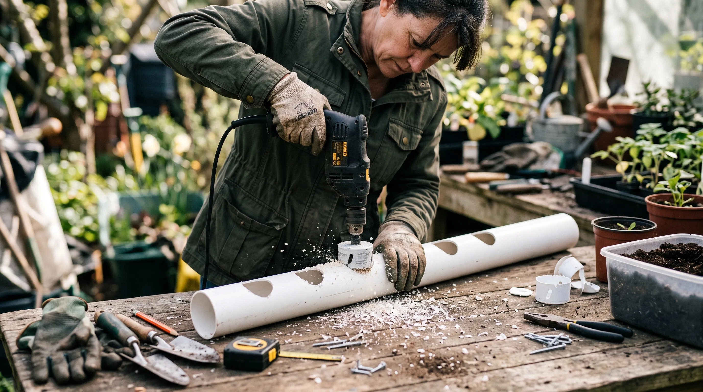 A hole saw drilling round planting holes into a white plastic drainpipe on a workbench