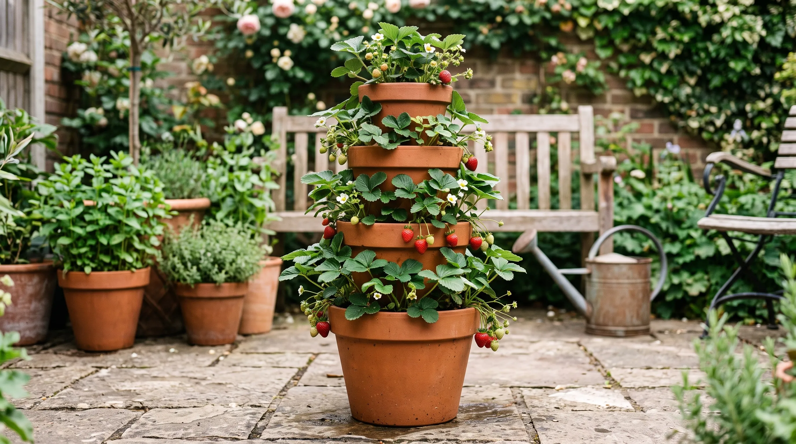 A stacked-pot strawberry planter made from graduated terracotta pots on a patio