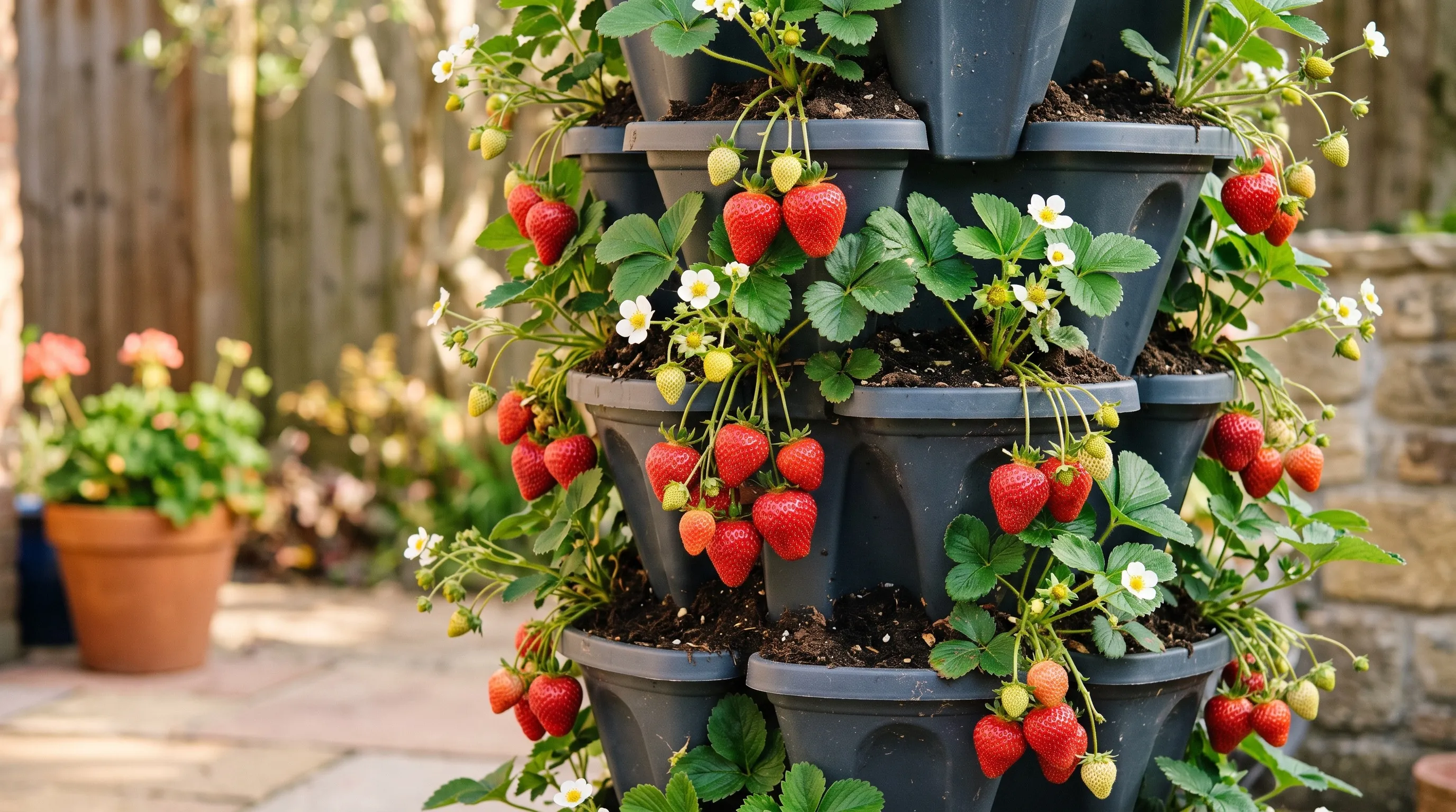 Close side view of a strawberry tower with ripe red berries and white blossom spilling from every tier