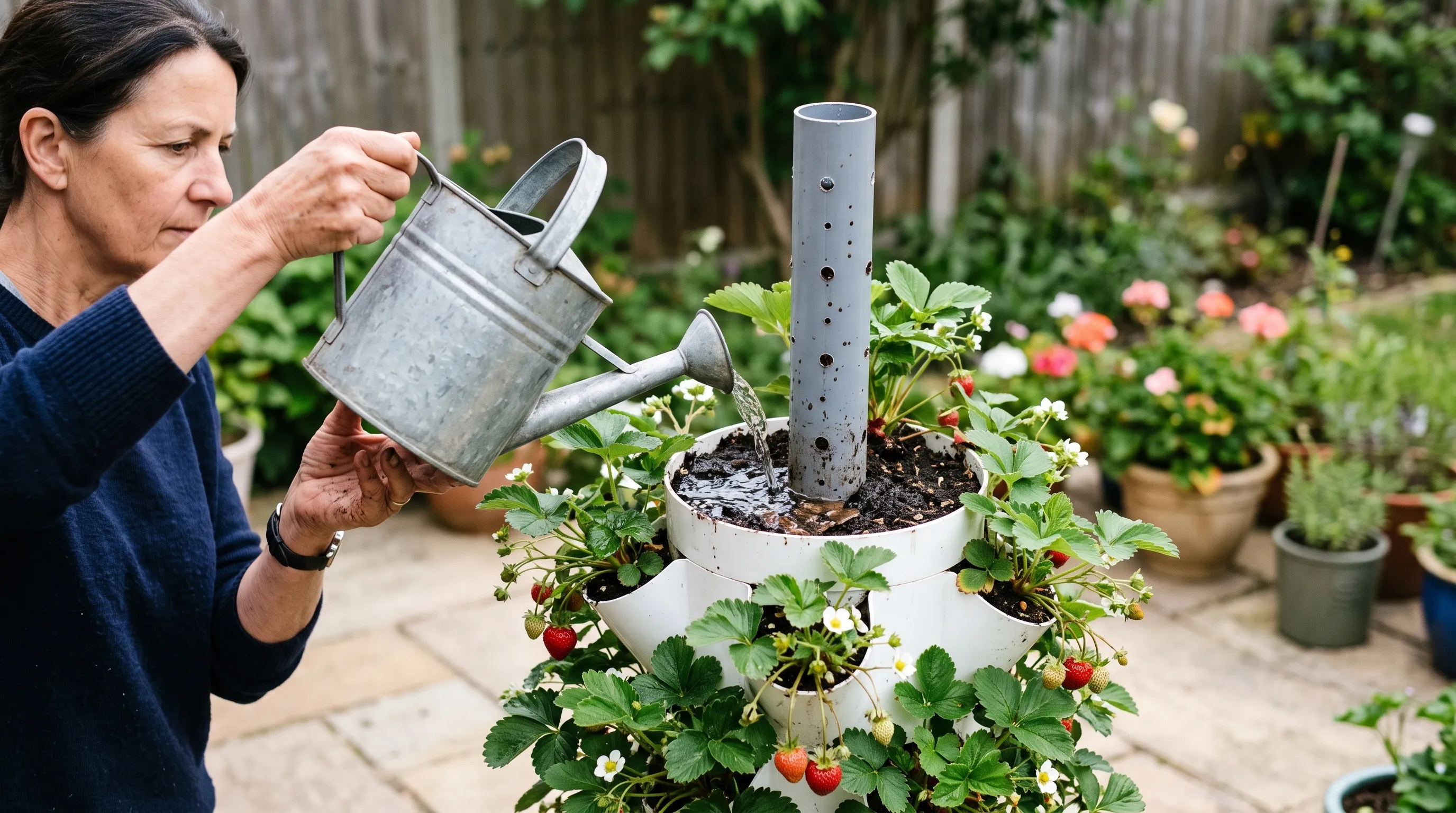 A watering can pouring water into the central core pipe of a planted strawberry tower