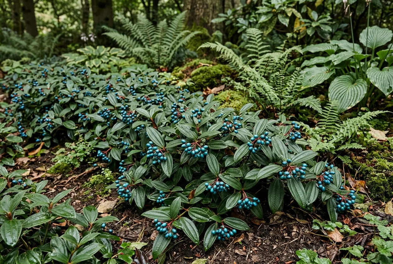 Viburnum davidii with metallic turquoise-blue berries and dark evergreen leaves in a UK shaded border