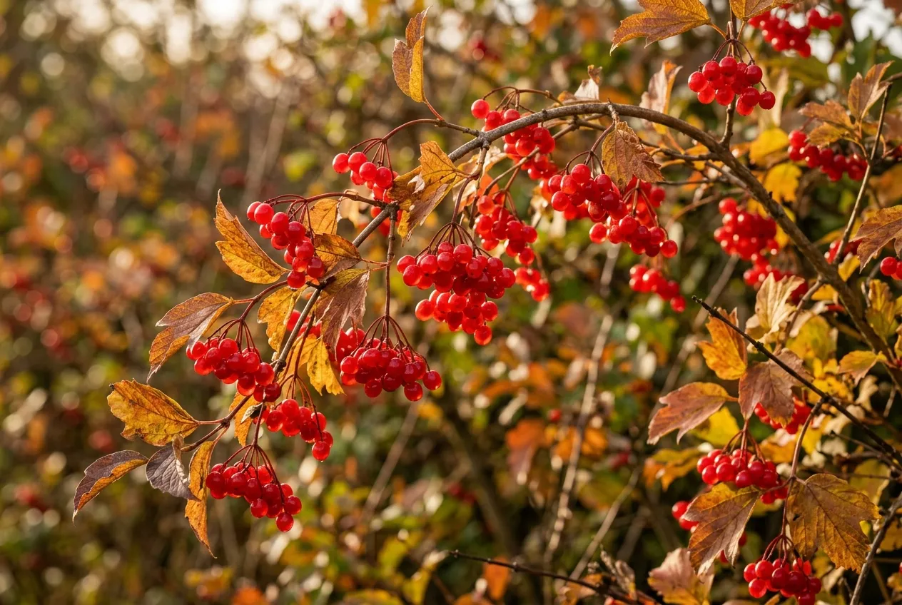 Viburnum opulus guelder rose showing clusters of red berries in autumn UK hedgerow setting
