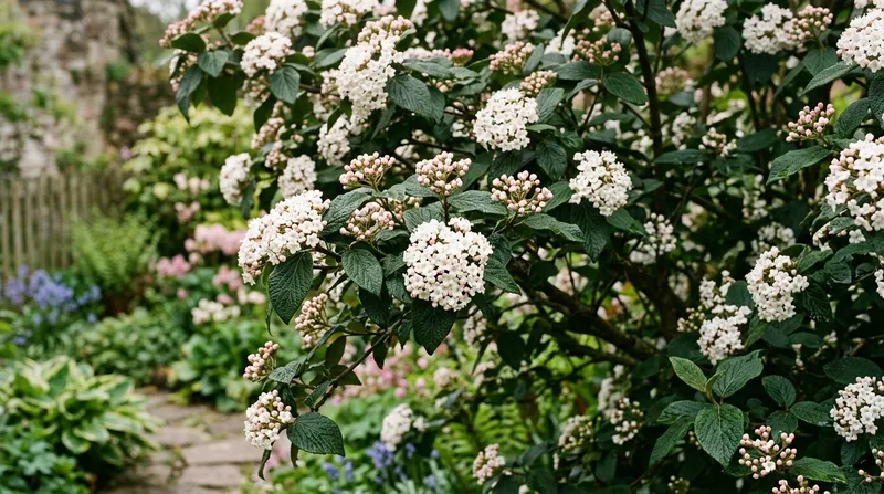 Viburnum (Viburnum tinus) growing in a UK garden