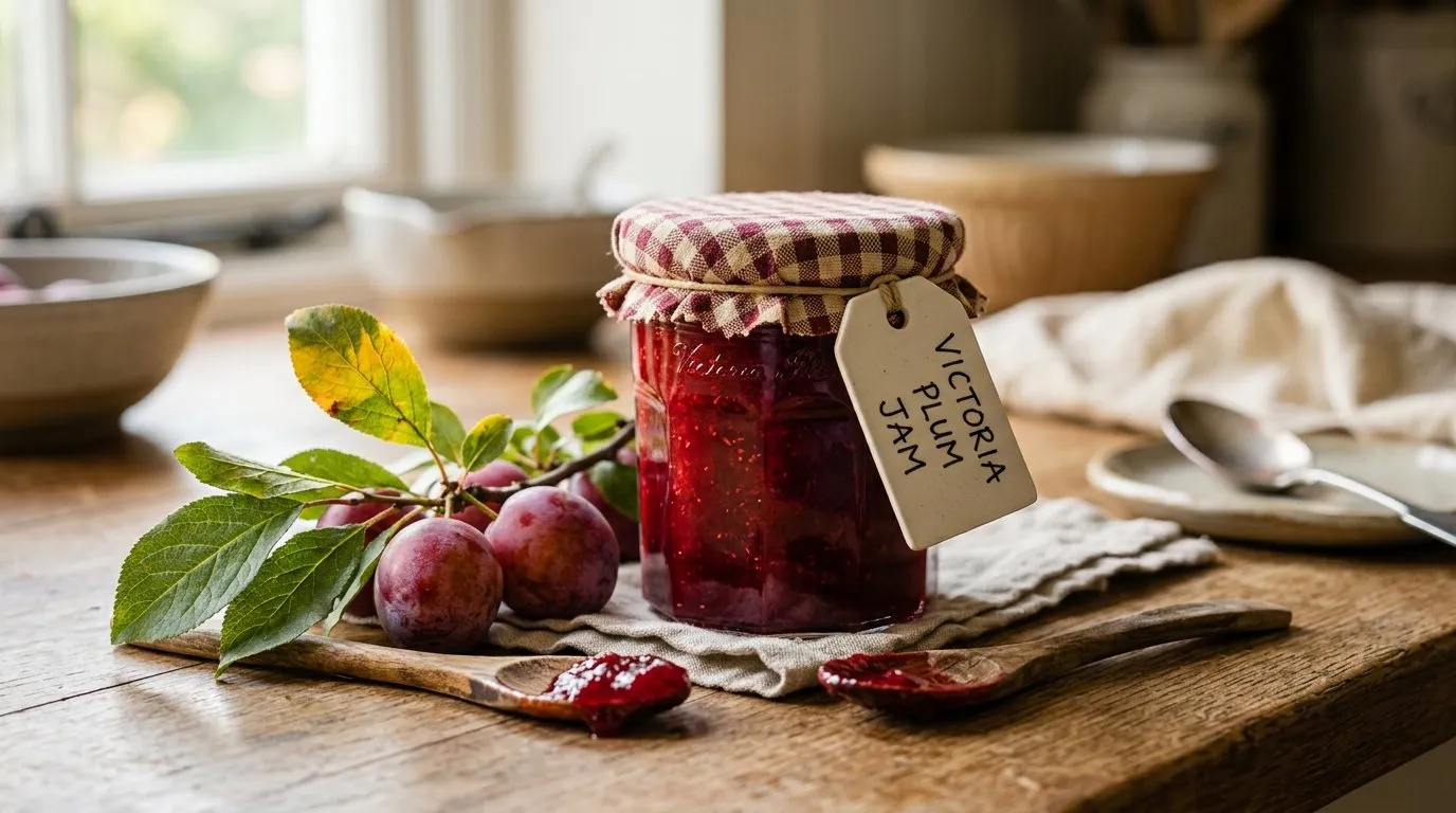 Victoria plum jam in glass Kilner jars next to fresh garden Victoria plums and lemons on a UK kitchen worktop in late summer