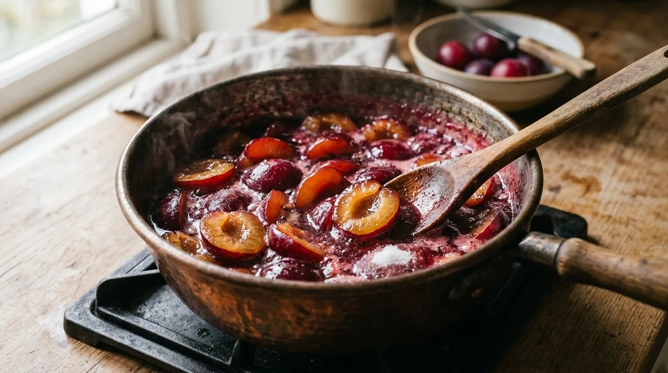 Fresh UK Victoria plums halved and stoned in a copper preserving pan with sugar dissolving