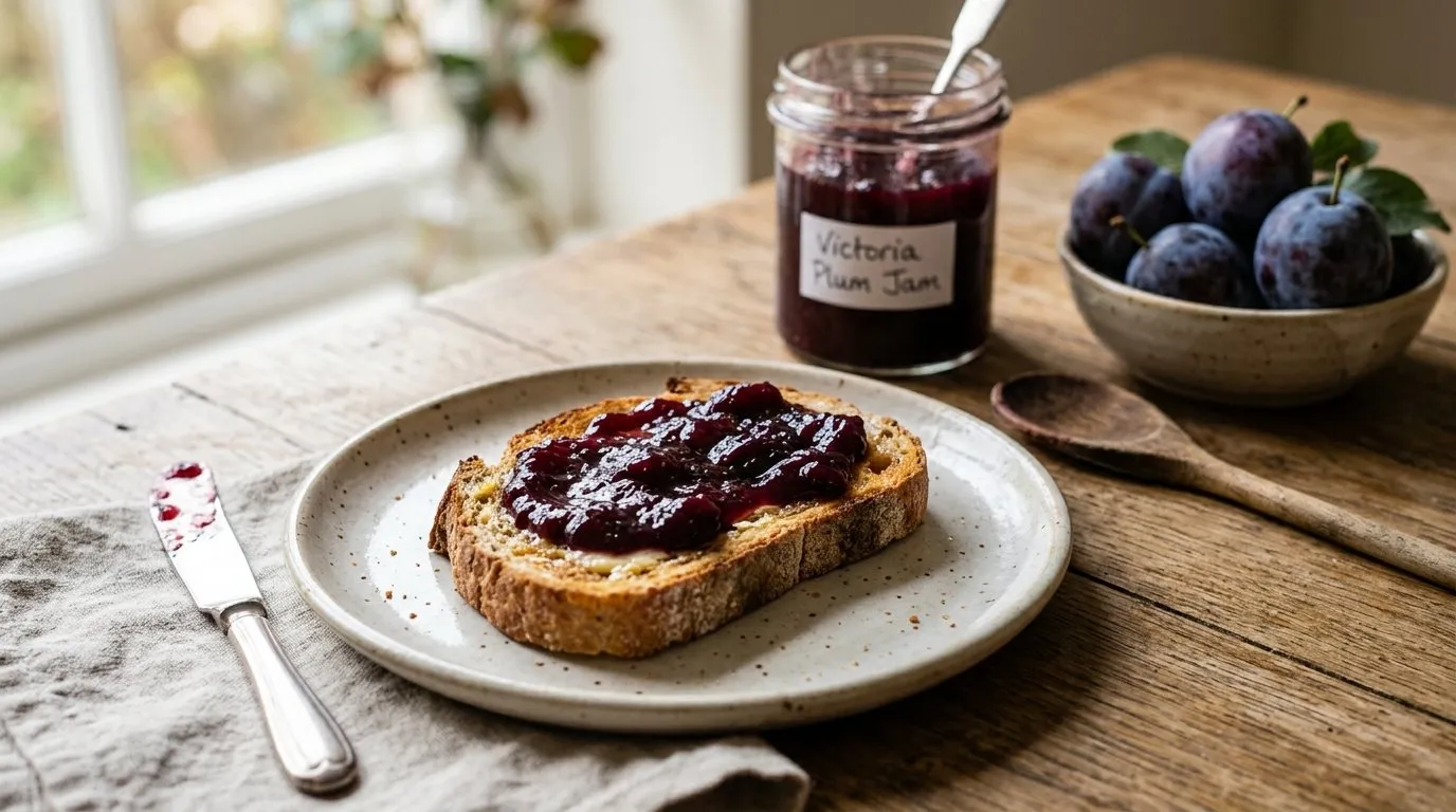 UK Victoria plum jam spread on warm buttered toast on a small ceramic plate