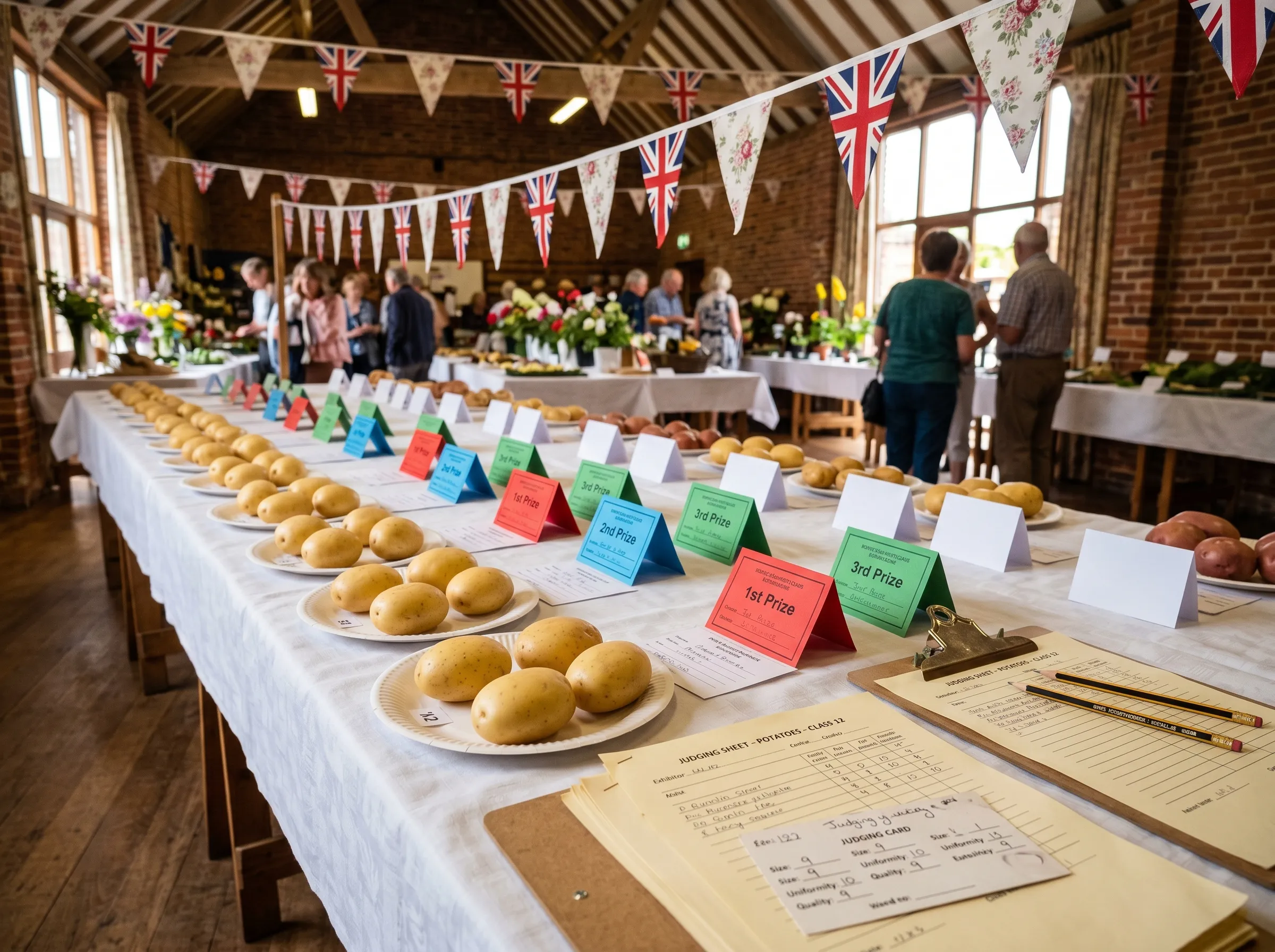 UK village hall show table with multiple paper plates of six matched show potatoes, prize cards red blue green visible, judging scoresheets on the corner, classic local show atmosphere