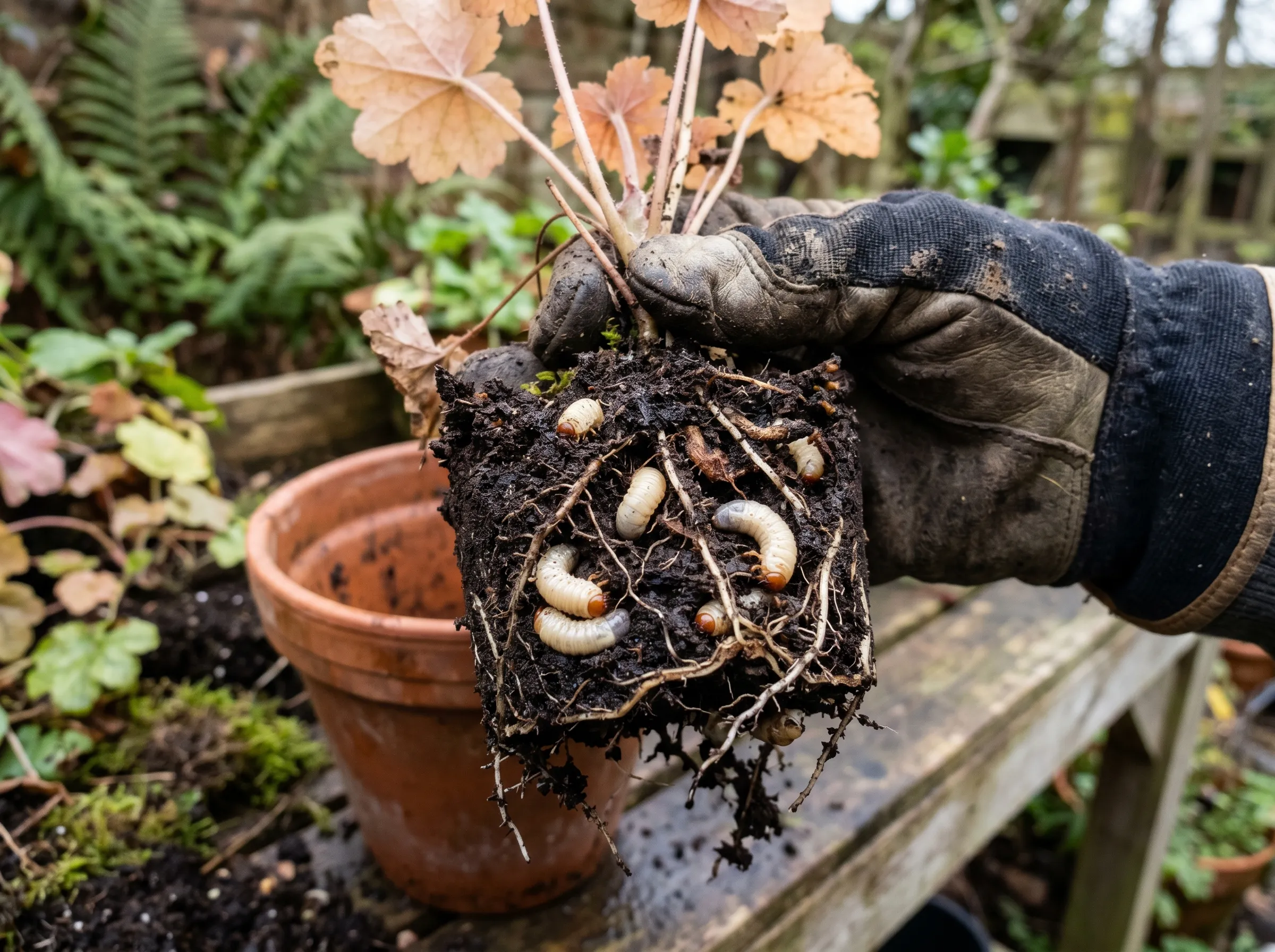 UK gardener's hand holding a small heuchera plant lifted from a pot with the rootball broken open, several creamy-white C-shaped vine weevil grubs visible in the compost around damaged white roots