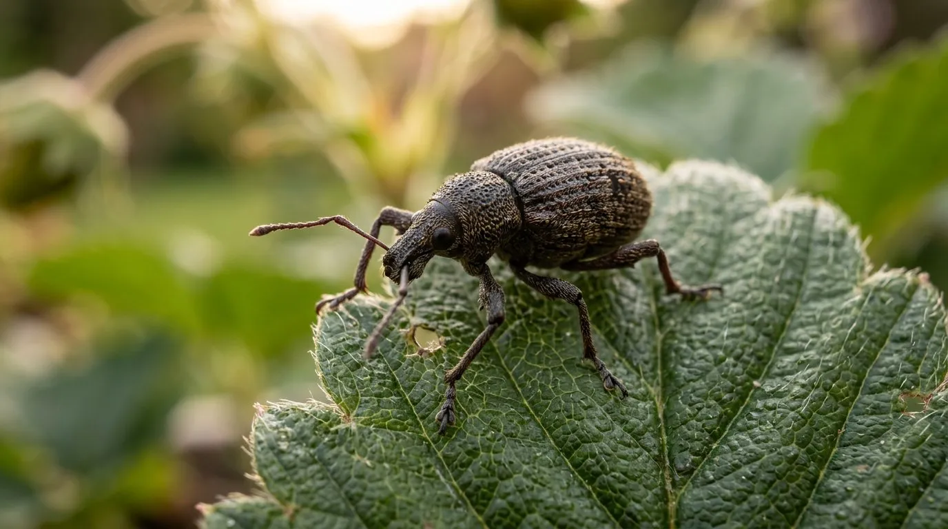 Matt black vine weevil adult on a container plant leaf showing characteristic notched leaf margins