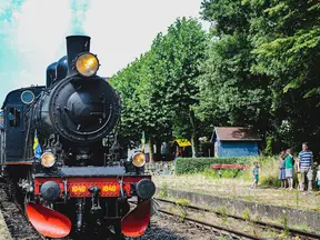 Vintage steam locomotive in a garden railway setting