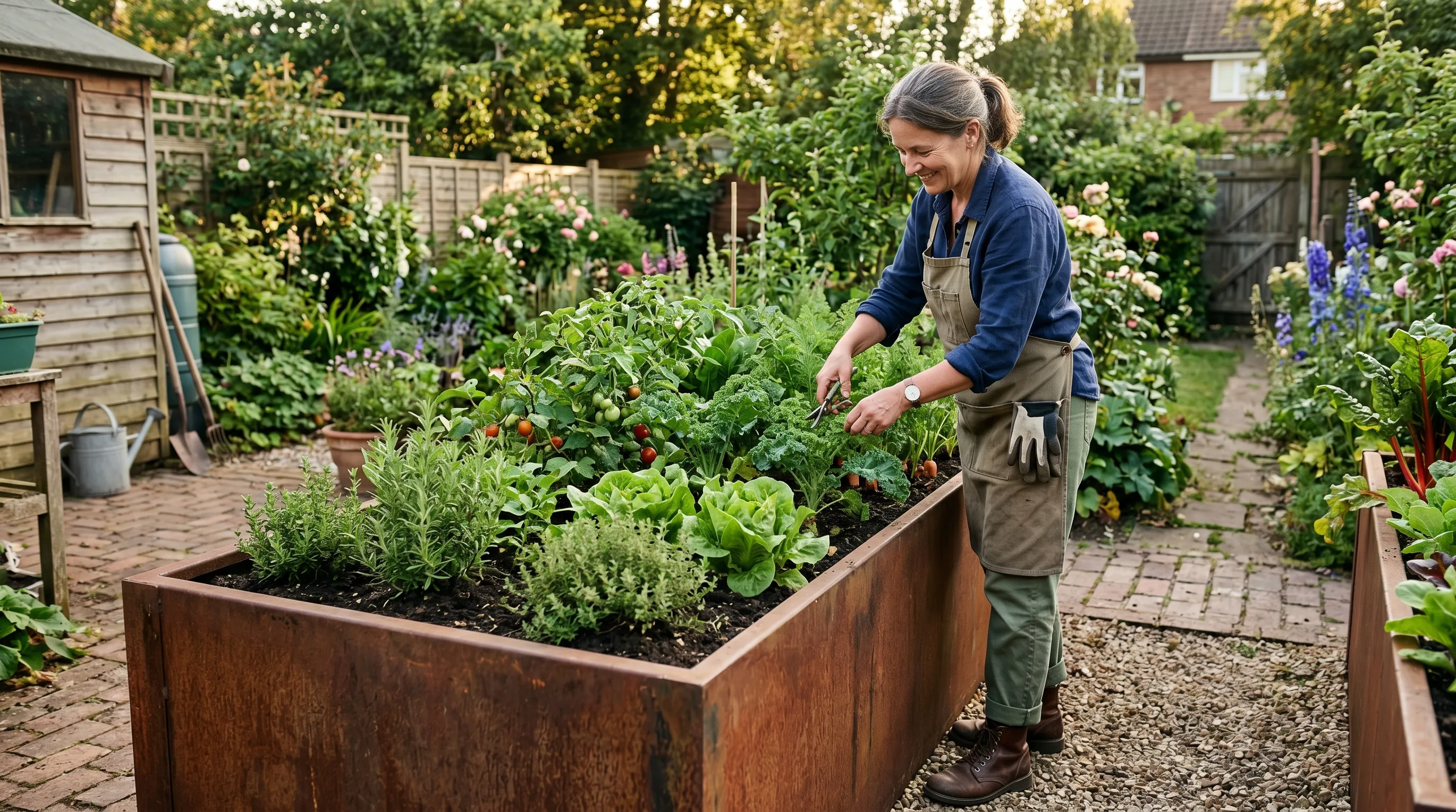 90cm-tall waist-height raised bed in a UK garden built from Corten steel planted with vegetables - gardener tending plants without bending