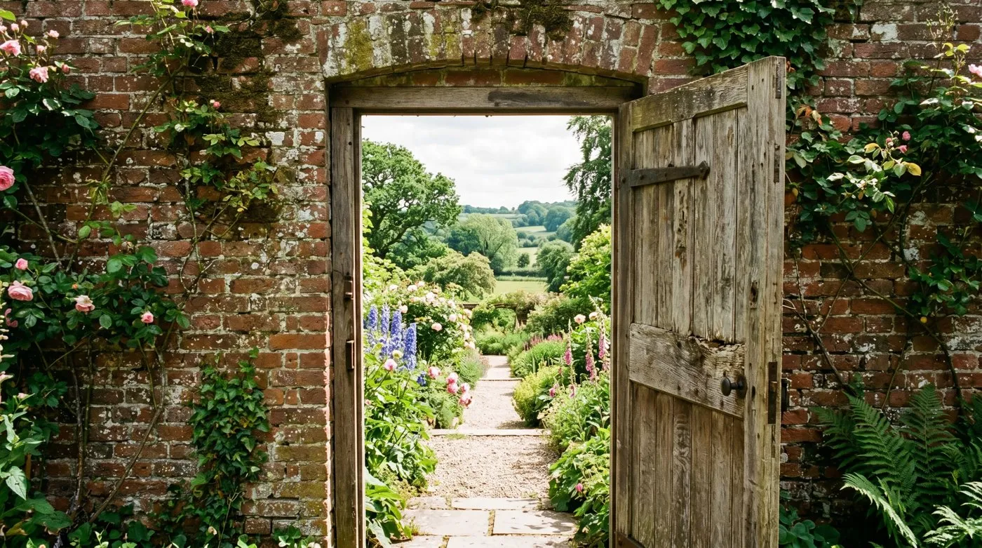 Old wooden door in a brick garden wall framing a view through to trees beyond