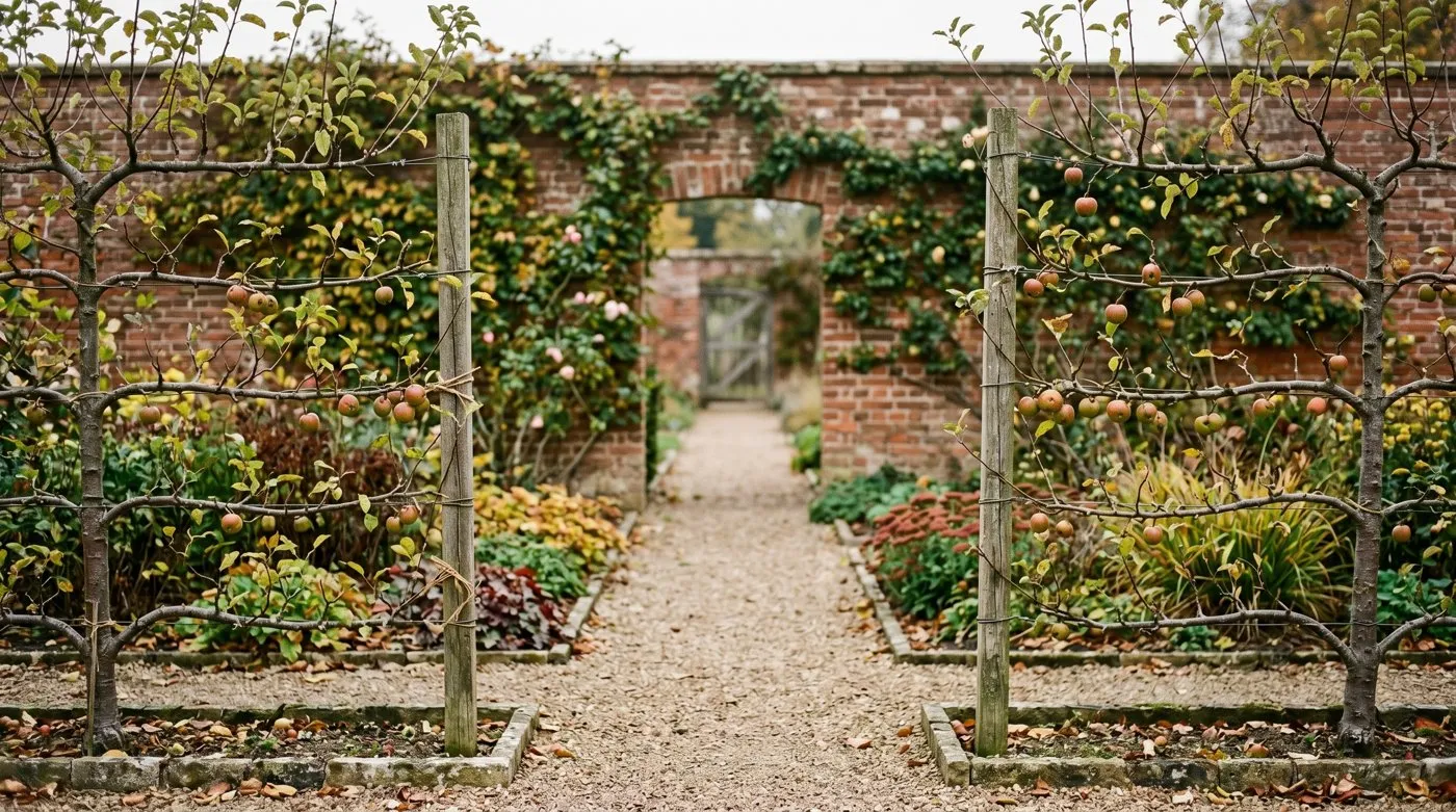 Espaliered apple trees with horizontal tiers lining both sides of a gravel path in a walled garden