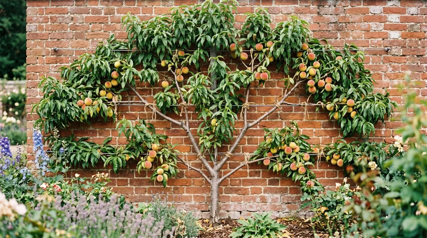 Fan-trained peach spread flat against a warm sunlit brick garden wall with ripening fruit
