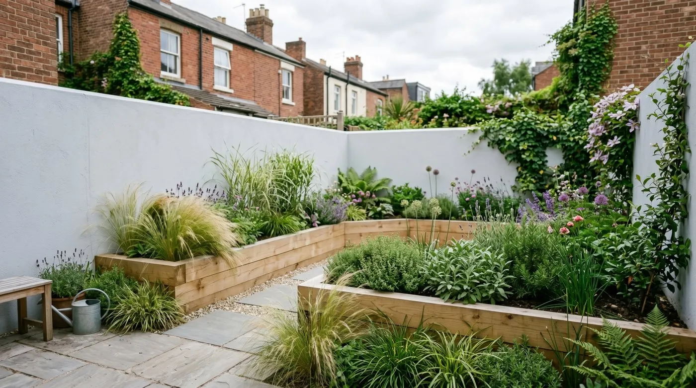 Modern small garden with a newly built rendered grey wall enclosing timber raised beds