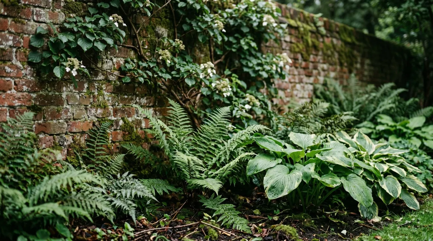 Cool shaded north-facing brick wall border planted with ferns, hostas and climbing hydrangea