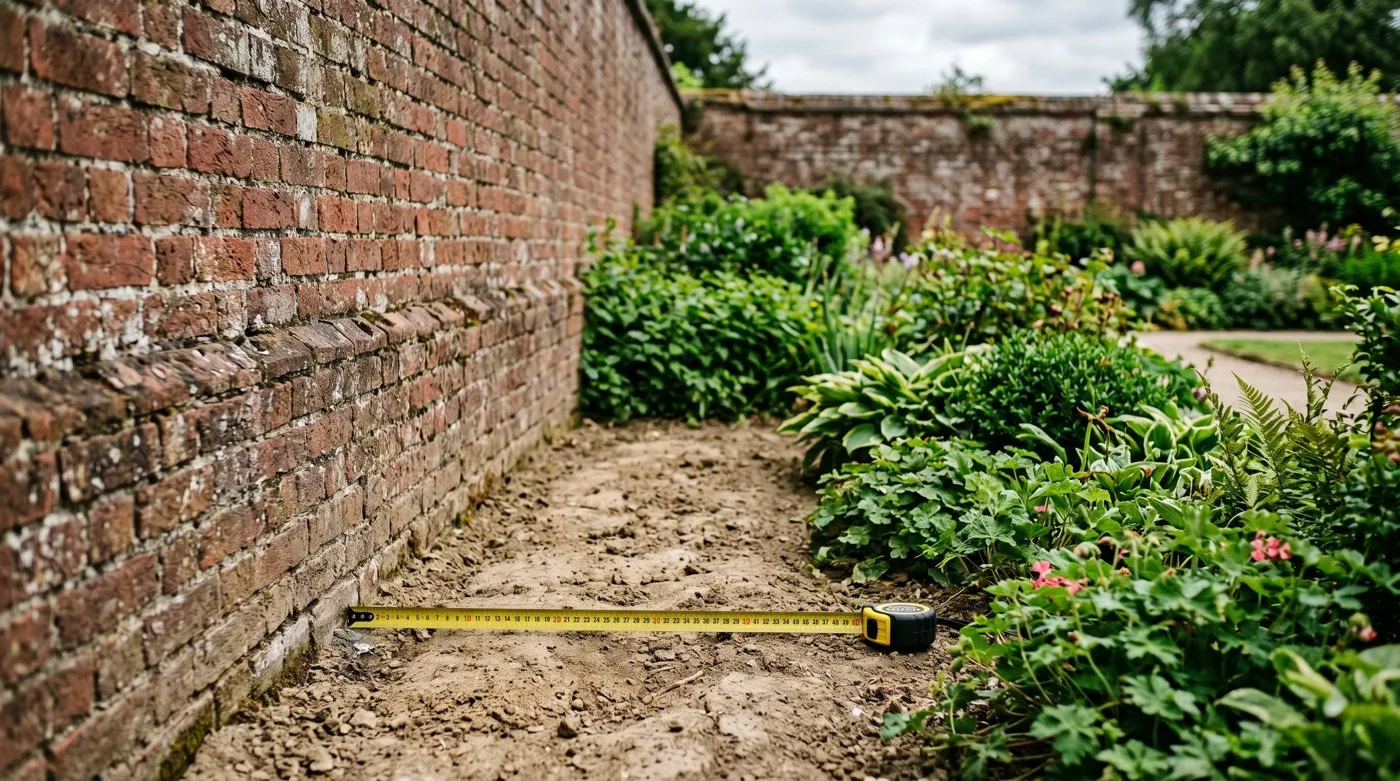 Dry rain-shadow strip of bare soil at the base of a brick wall with a tape measure showing the width