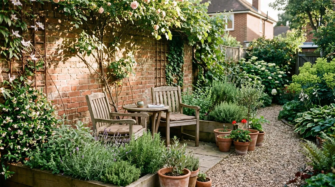 Sheltered sun-trap seating corner against a south-facing warm brick wall with herbs and tender climbers