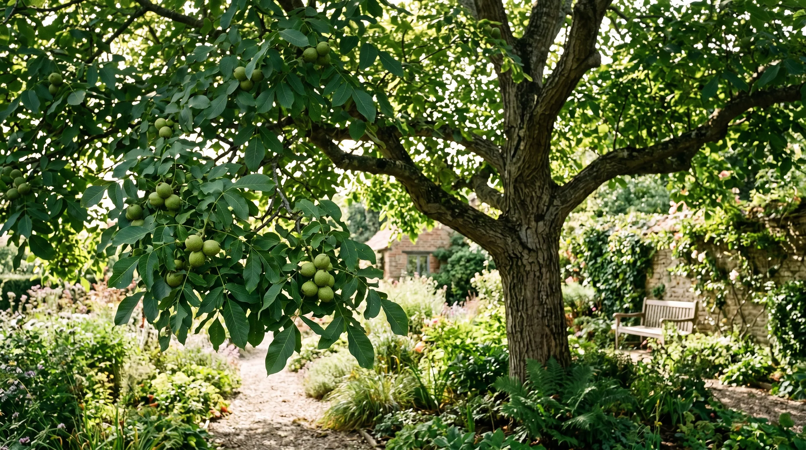 Mature walnut tree in a UK garden in September with green husked walnuts visible on lower branches and dappled afternoon sunlight on the foliage