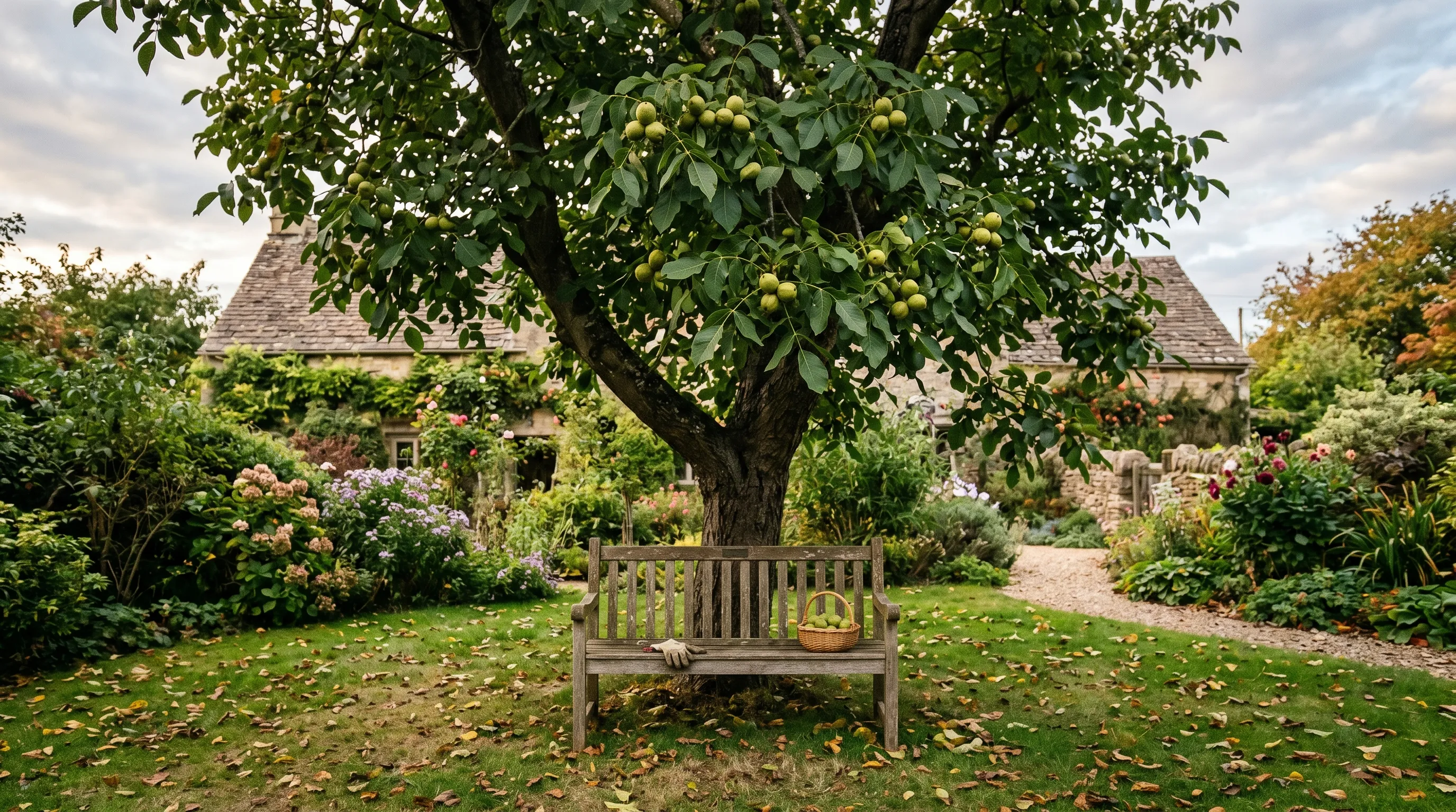 Mature walnut tree in a UK back garden with green husked walnuts ripening on the branches in late September with a wooden bench underneath and an autumn lawn