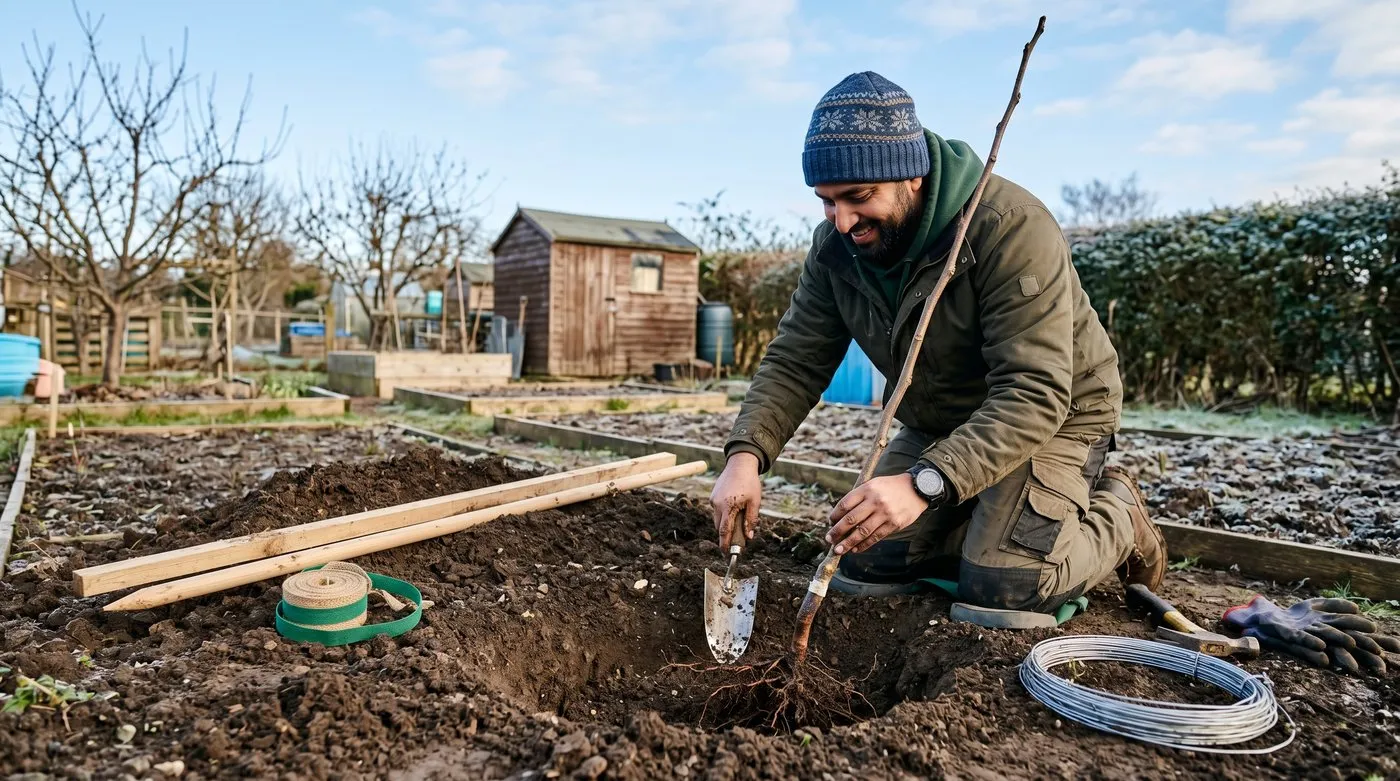 A UK gardener of Pakistani heritage in his thirties planting a young grafted Broadview walnut tree in a wide hole on a sunny February morning with stakes and tree ties ready alongside
